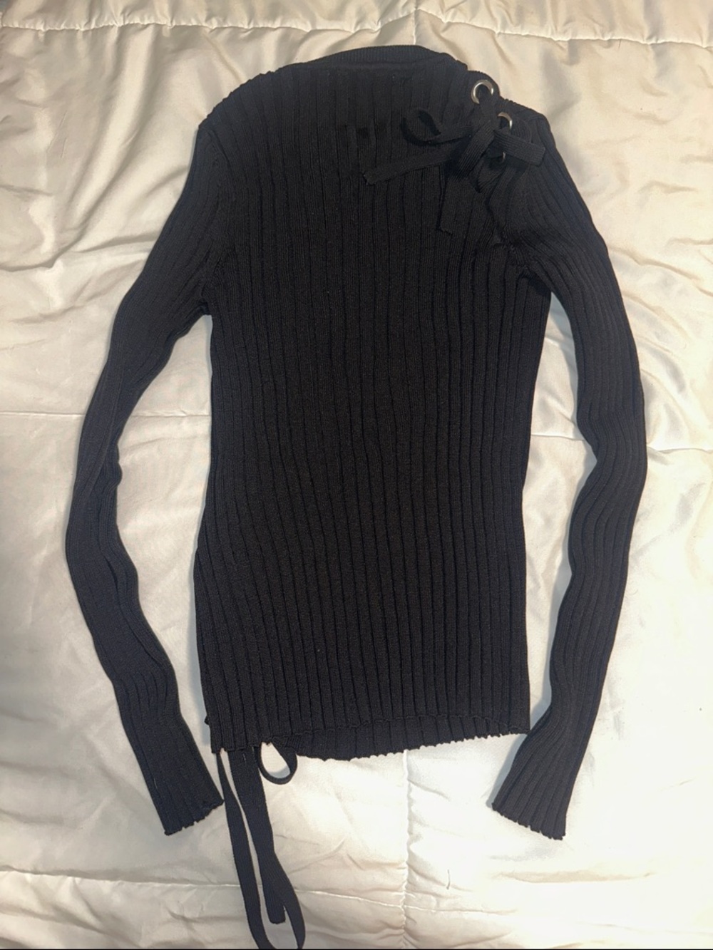 Zara Black Ribbed Lace-Up Sweater Top - Picture 2 of 2